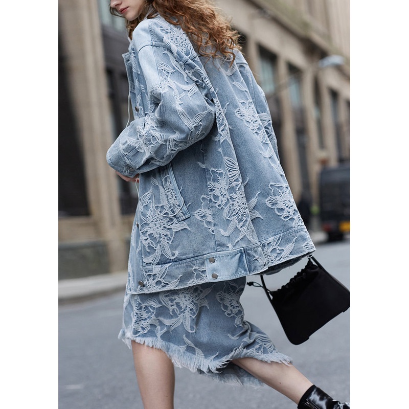 Original Design Blue Jacquard Denim Jacket And Skirts Two Pieces Set Fall