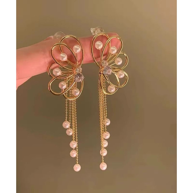 Original Design Gold Alloy Pearl Zircon Butterfly Hollow Out Tassel Drop Earrings