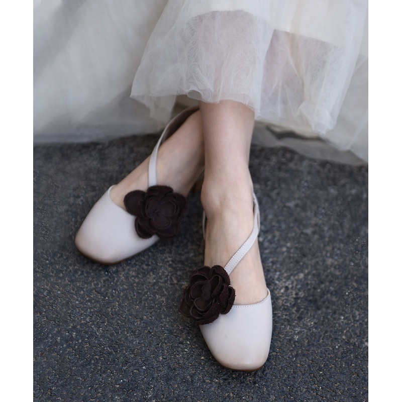 Original Handmade Beige Flower Cowhide Leather Flat Sandals