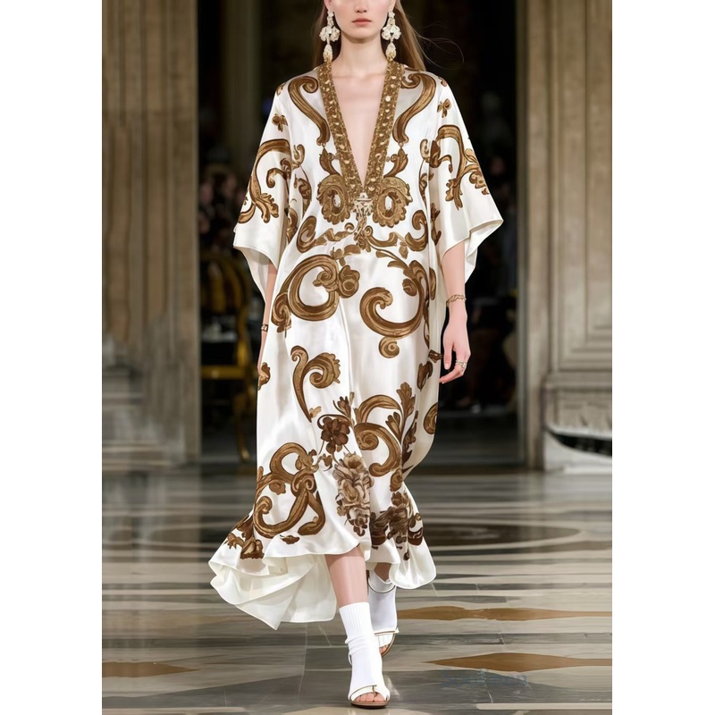 Plus Size Coffee Oversized Print Silk Maxi Dresses Summer