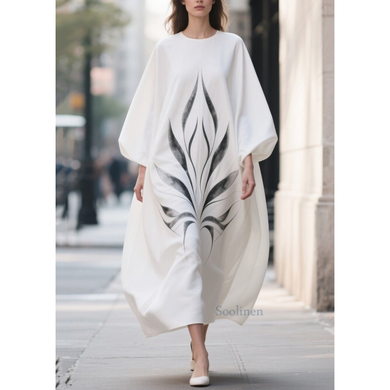 Plus Size White Oversized Print Chiffon Dress Lantern Sleeve