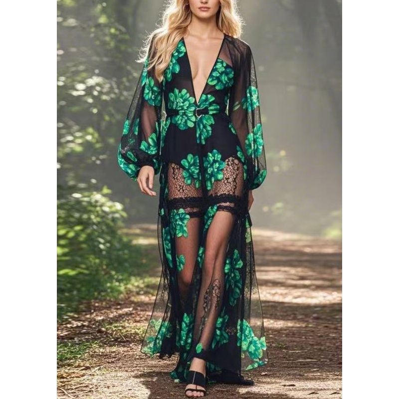 Sexy Black V Neck Print Lace Patchwork Chiffon Dress Spring