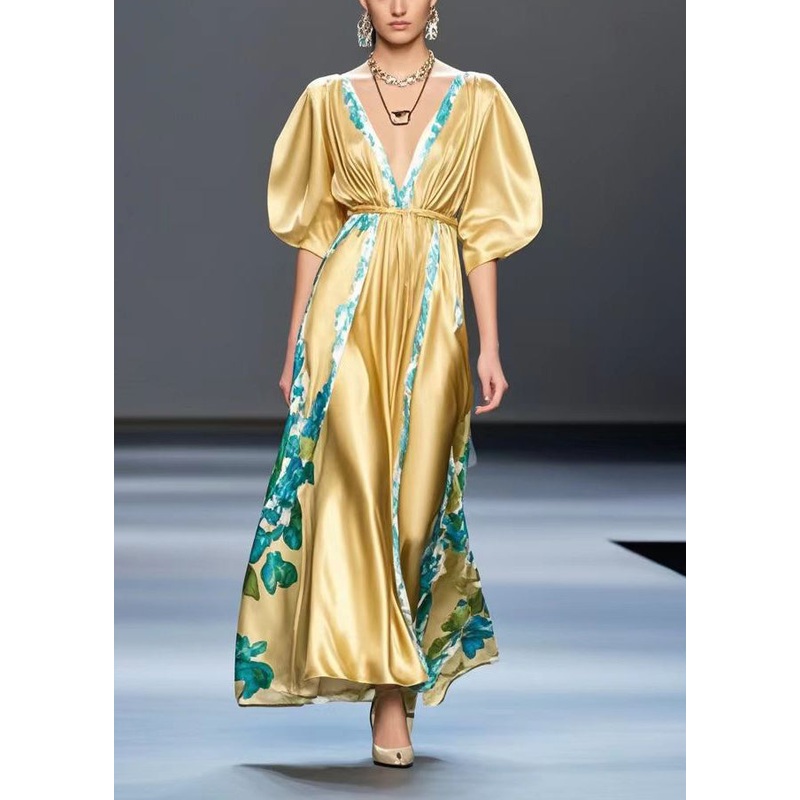 Simple Golden V Neck Print Silk Cinched Dresses Summer