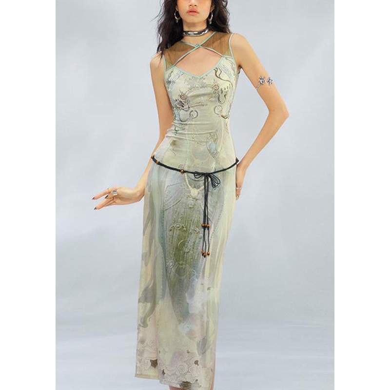 Slim Fit Green Graphic Patchwork Hollow Out Tulle Long Dress Summer