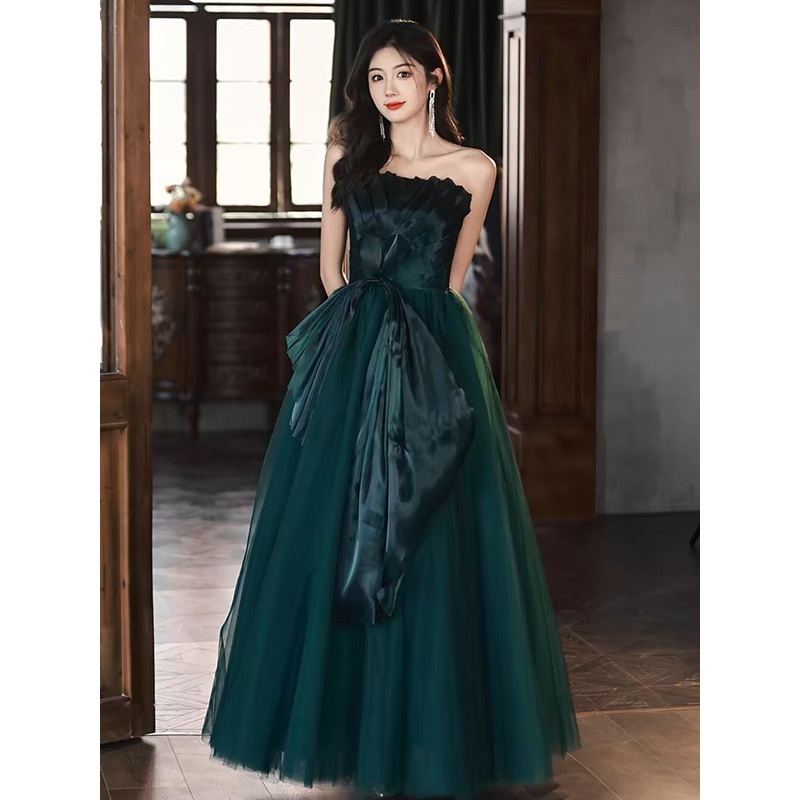 Strapless Green Satin A Line Long Prom Dress Birthday Party Dress J3245