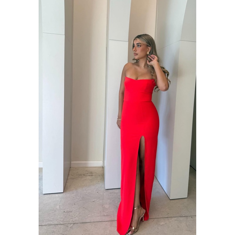Strapless Red Sheath Slit Long Prom Dress Formal Party Dress J8010