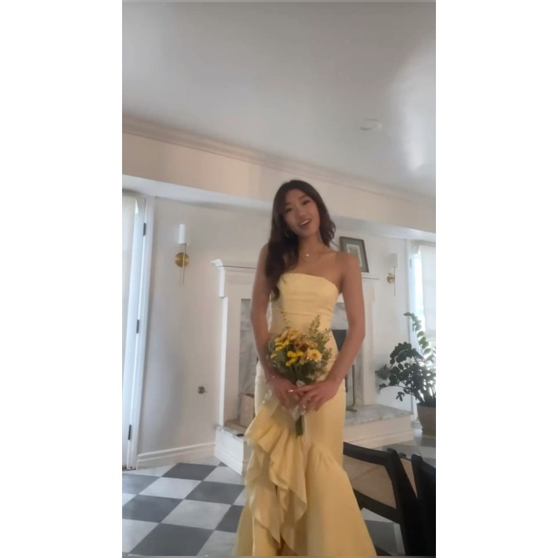 Strapless Yellow Long Formal Dress Ruffle Evening Dresses J5961