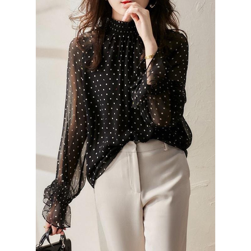 Style Black Ruffled Dot Print Silk Shirts Flare Sleeve