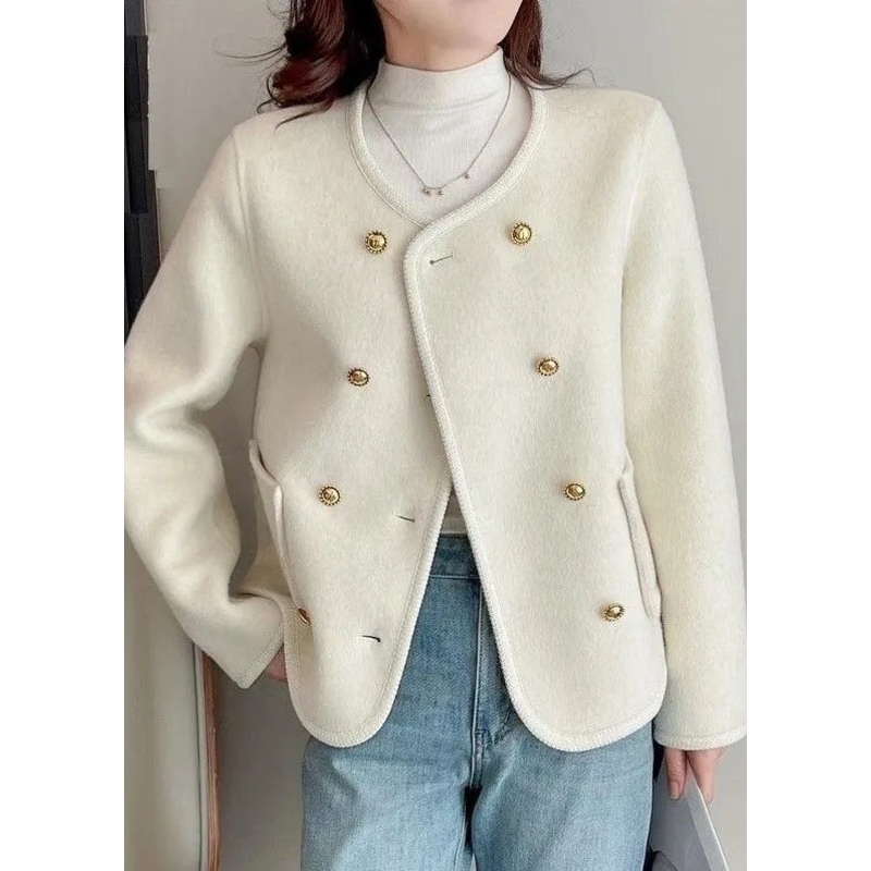 Style White O Neck Pockets Double Breast Woolen Coat Winter