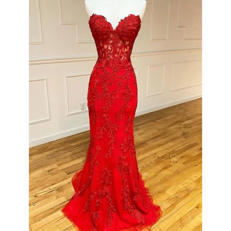 Sweetheart Red Mermaid Lace Evening Dress Formal Prom Party Gown J4614
