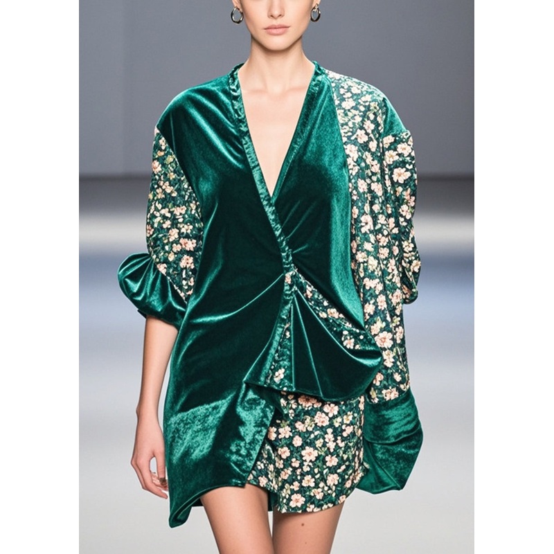 Unique Peacock Green Asymmetrical Patchwork Print Silk Velour Blouses Spring