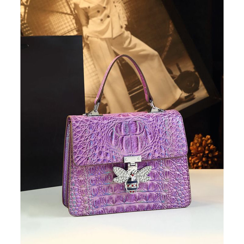 Unique Purple Butterfly Embossed Calf Leather Tote Satchel Handbag