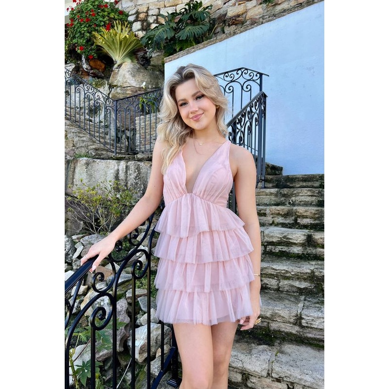 V Neck Pink Birthday Dress Layer Short Homecoming Dress J4220