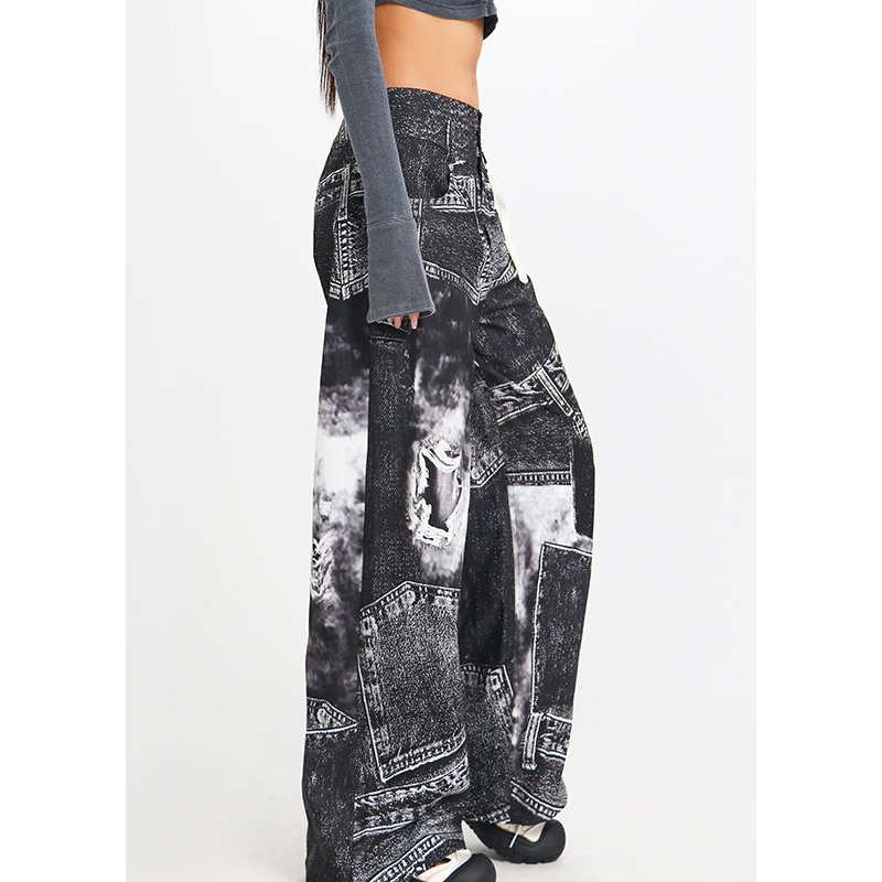 Vintage Black Print High Waist Denim Pants Spring