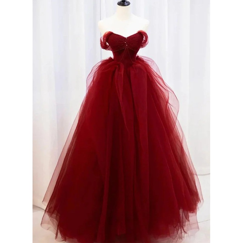 Wine Red Sweetheart Tulle Beaded Long Party Dress A Line Prom Dress J4652