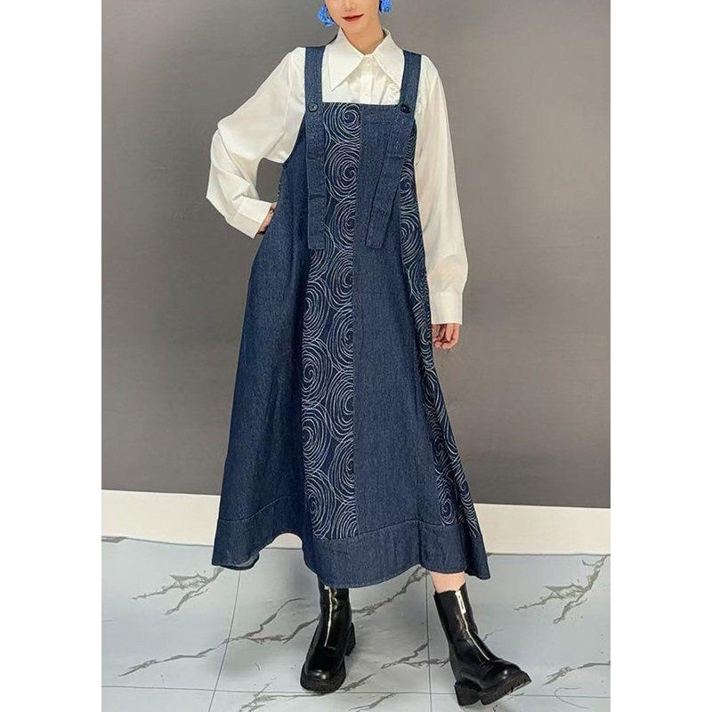 Women Denim Blue Slash Neck Print Long Spaghetti Strap Dress Spring