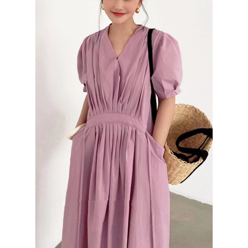 Women Pink Wrinkled Pockets Tie Waist Cotton Long Dresses Summer
