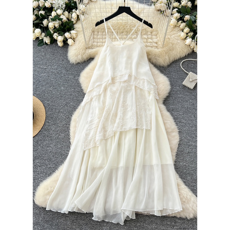 Women White Patchwork Lace Spaghetti Strap Dress Summer
