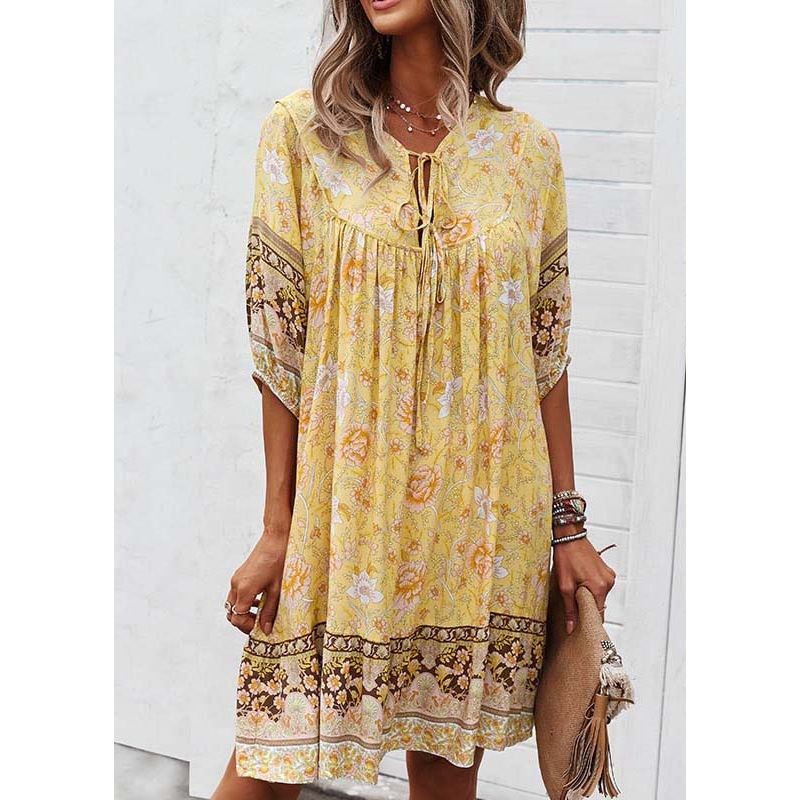 Yellow Print Tie Lace Beach Mid Dress Half Sleeve