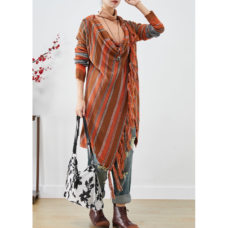 Art Khaki Turtle Neck Tasseled Long Sweater Winter