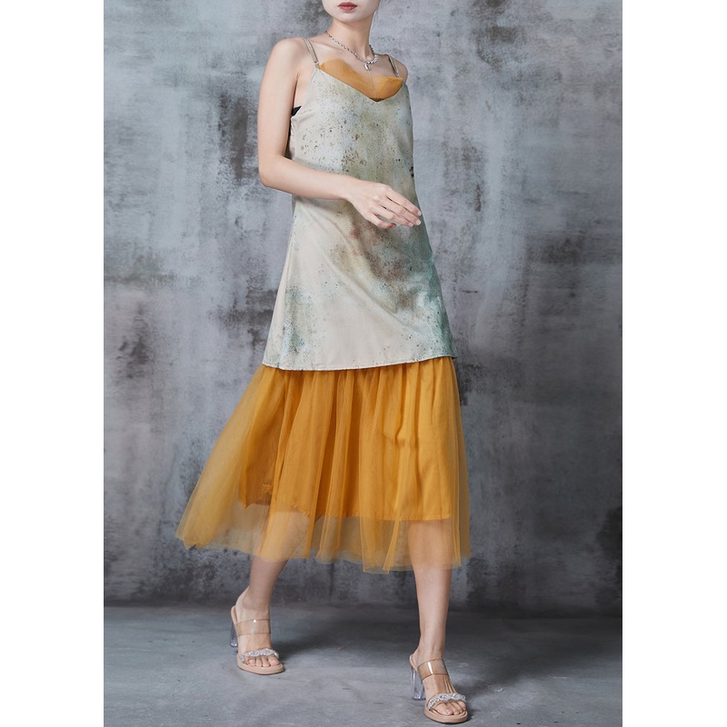 Art Print Patchwork Tulle Spaghetti Strap Dress Summer