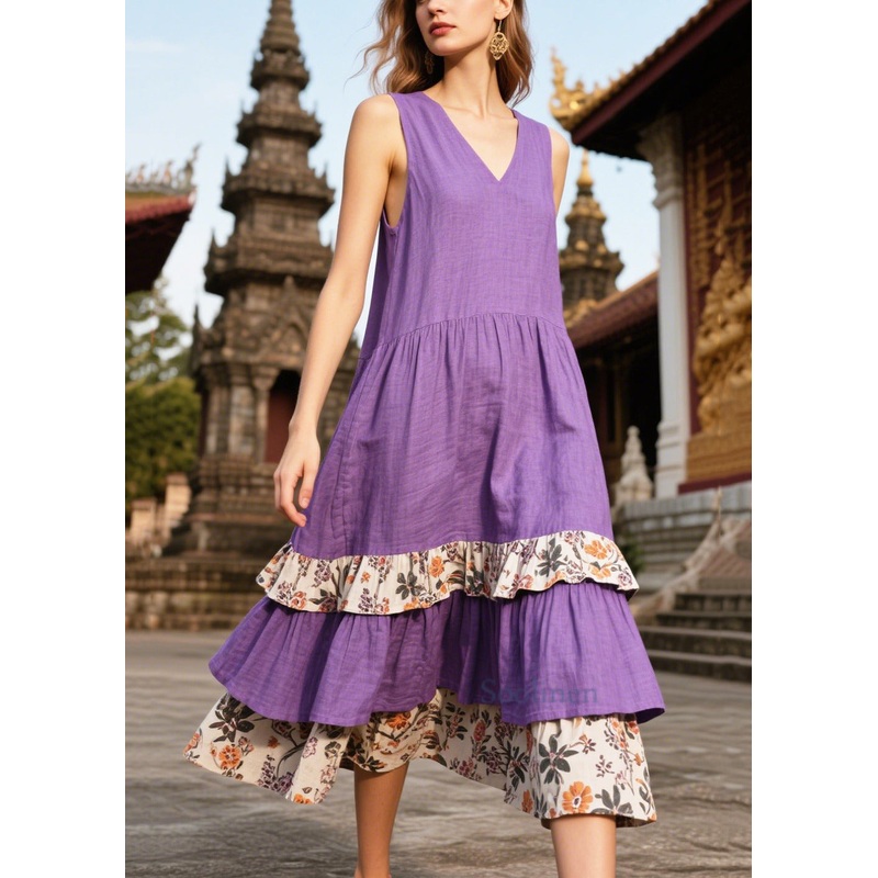 Beautiful Purple Oversized Patchwork Linen Sundresses Summer