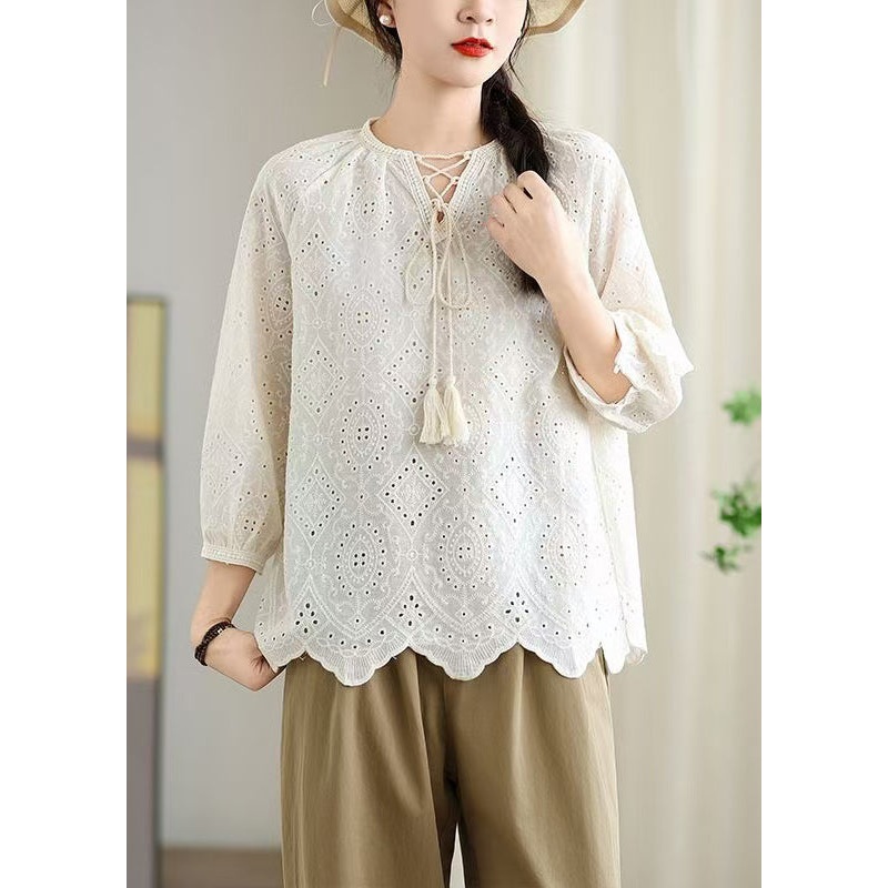 Beige Hollow Out Cotton Shirt Top Lace Up Bracelet Sleeve