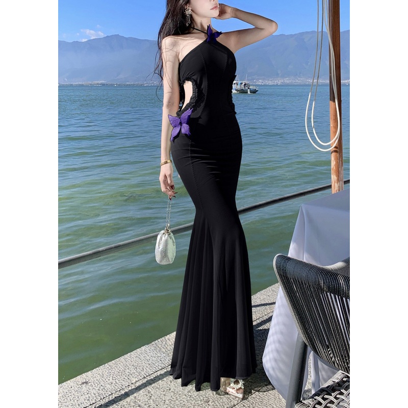 Black Ruffled Butterfly Tulle Long Dresses Hollow Out Sleeveless