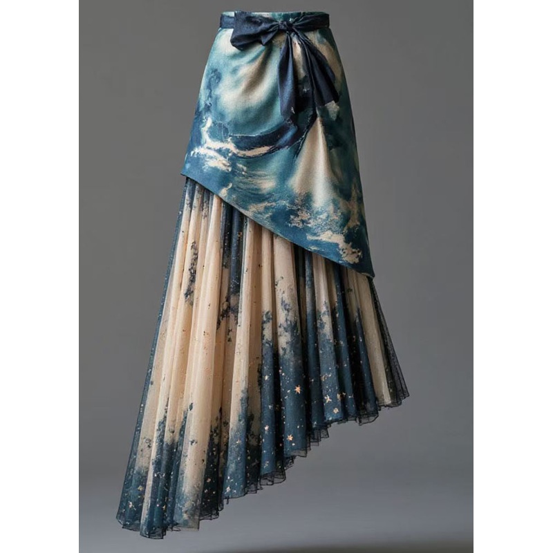 Blue Print Patchwork False Two Pieces Tulle Skirt High Waist Summer