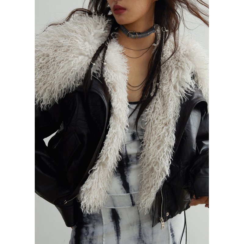 Bohemian Black Fur Collar Patchwork Detachable PU Jacket Winter