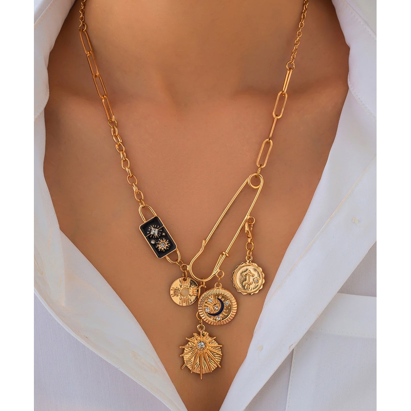 Bohemian Gold Copper Alloy Zircon Pin Asymmetrical Cross Pendant Necklace