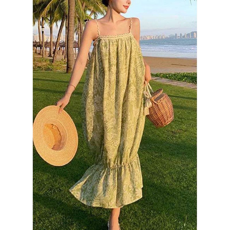 Bohemian Green Print Cotton Spaghetti Strap Dress Summer