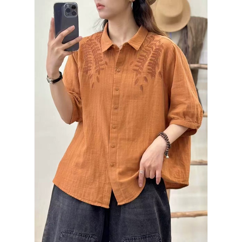Bohemian Orange Embroidered Cotton Blouse Top Summer