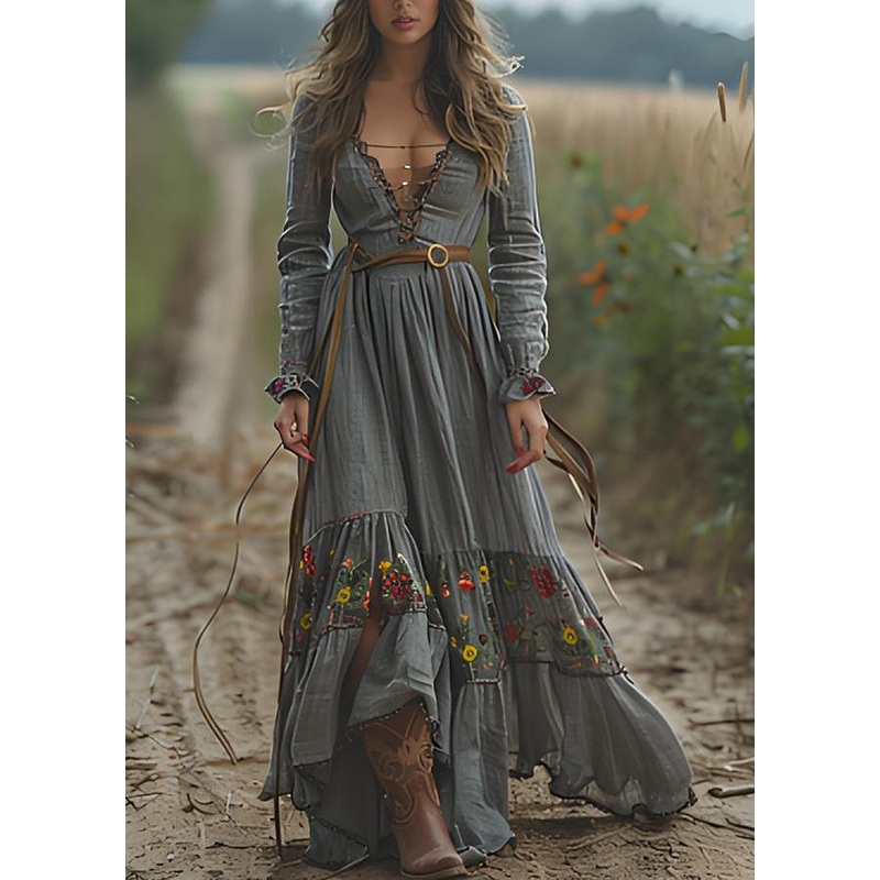 Bohemian Print Wrinkled Patchwork Cotton Long Dresses Spring
