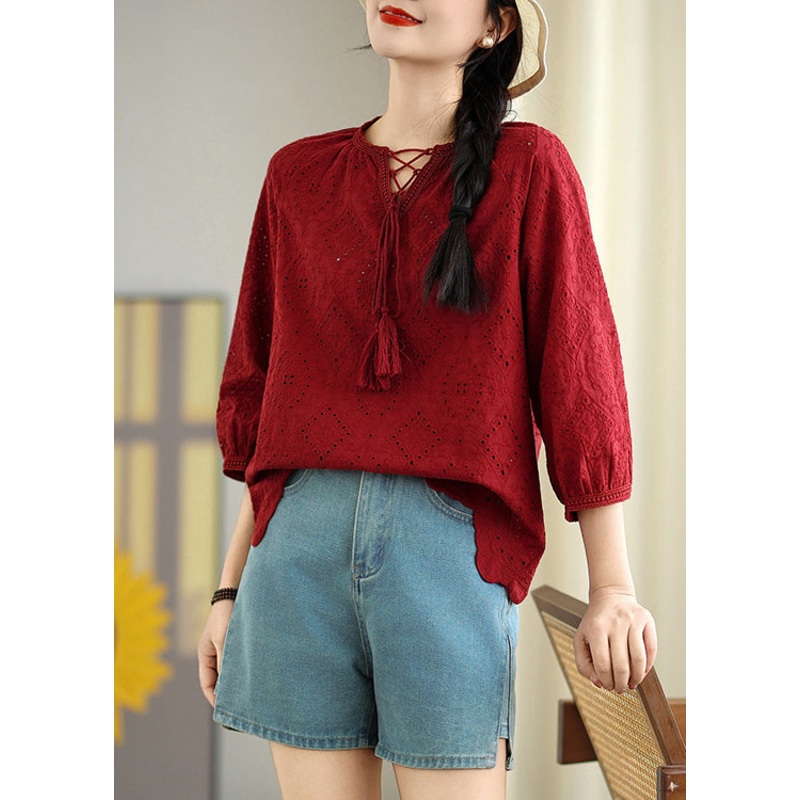 Bohemian Red Oversized Hollow Out Cotton Shirt Top Summer
