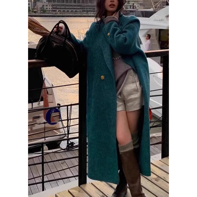 Boho Blue Notched Button Woolen Maxi Coats Winter