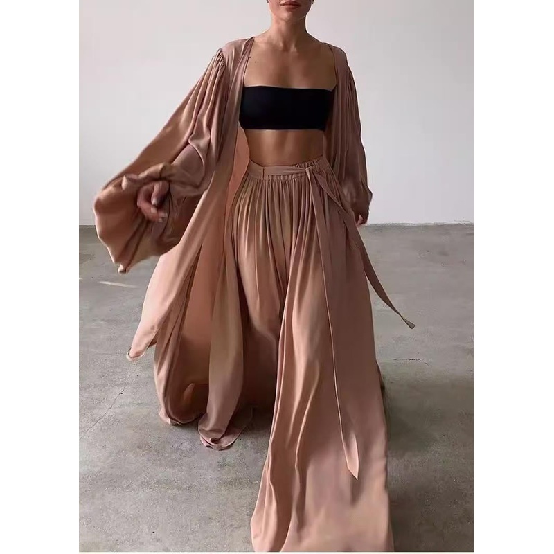 Boho Khaki Oversized Chiffon Three Pieces Set Lantern Sleeve