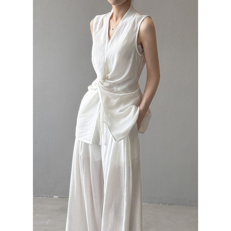 Boho White Asymmetrical Silm Fit Linen Two Pieces Set Sleeveless