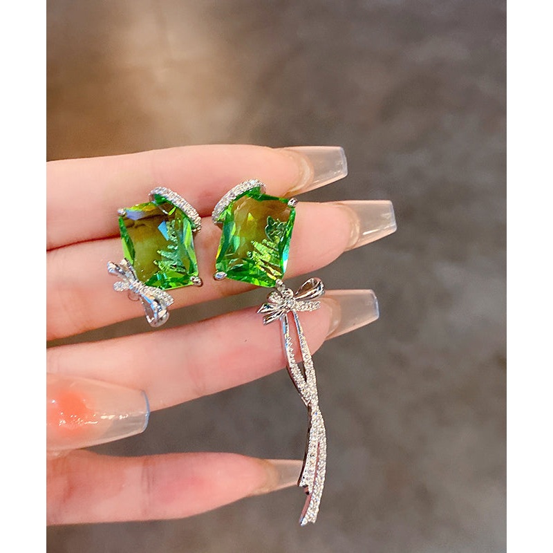 Boutique Green Copper Zircon Asymmetrical Square Bow Drop Earrings