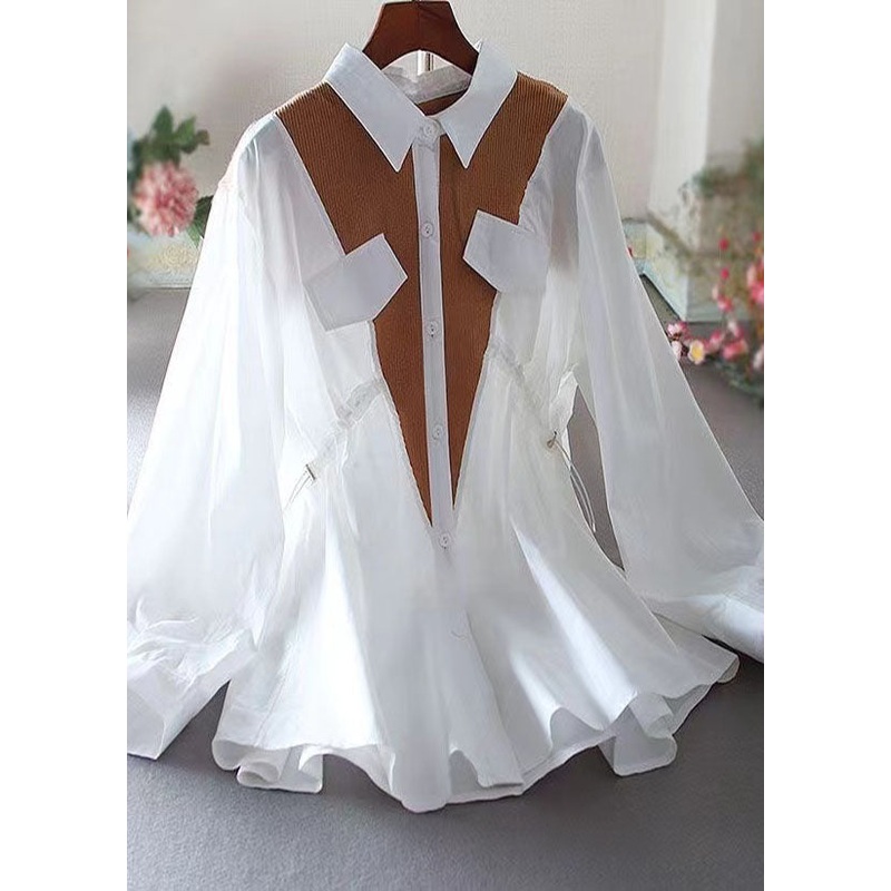 Boutique Khaki Drawstring Patchwork Knit Shirt Spring