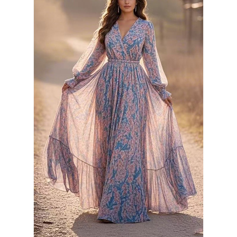 Casual Blue Patchwork Tunic Chiffon Long Dresses Lantern Sleeve