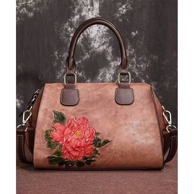 Casual Coffee Embossed Large Capacity Calf Leather Satchel Handbag