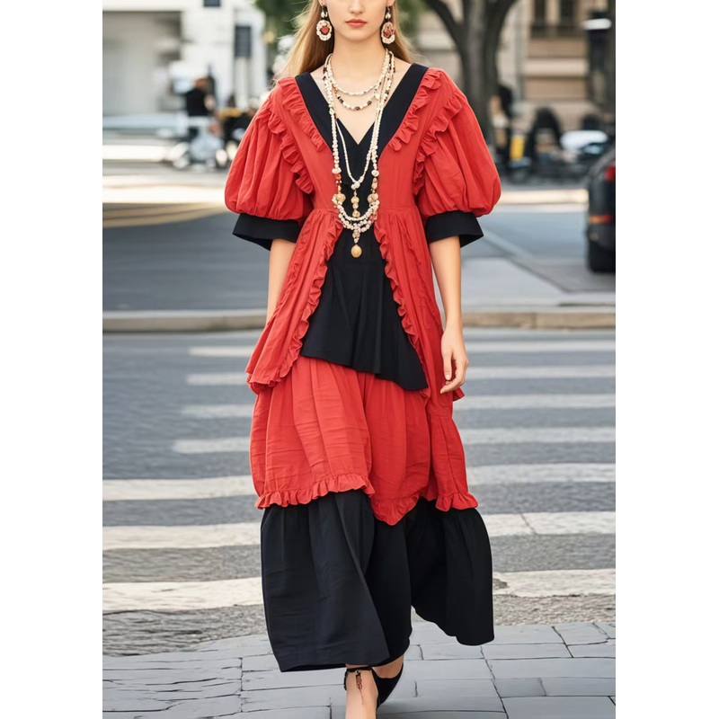 Casual Colorblock Ruffled Patchwork Cotton Maxi Dresses Summer