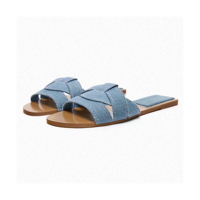 Casual Denim Blue Cross Strap Flat Slippers Peep Toe Toes Summer 2025