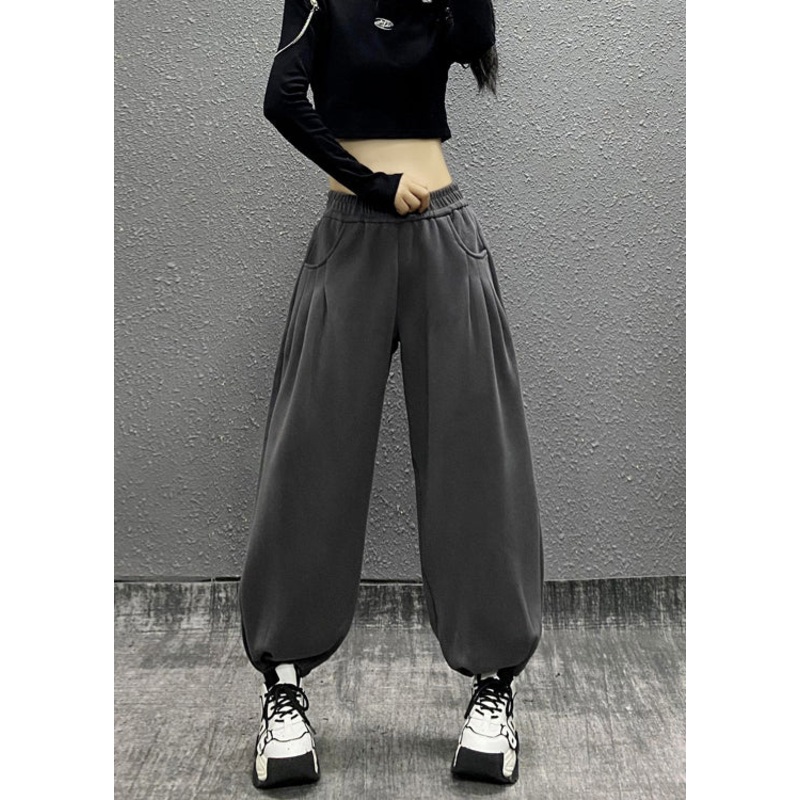 Casual Grey Pockets Elastic Waist Cotton Beam Pants Spring