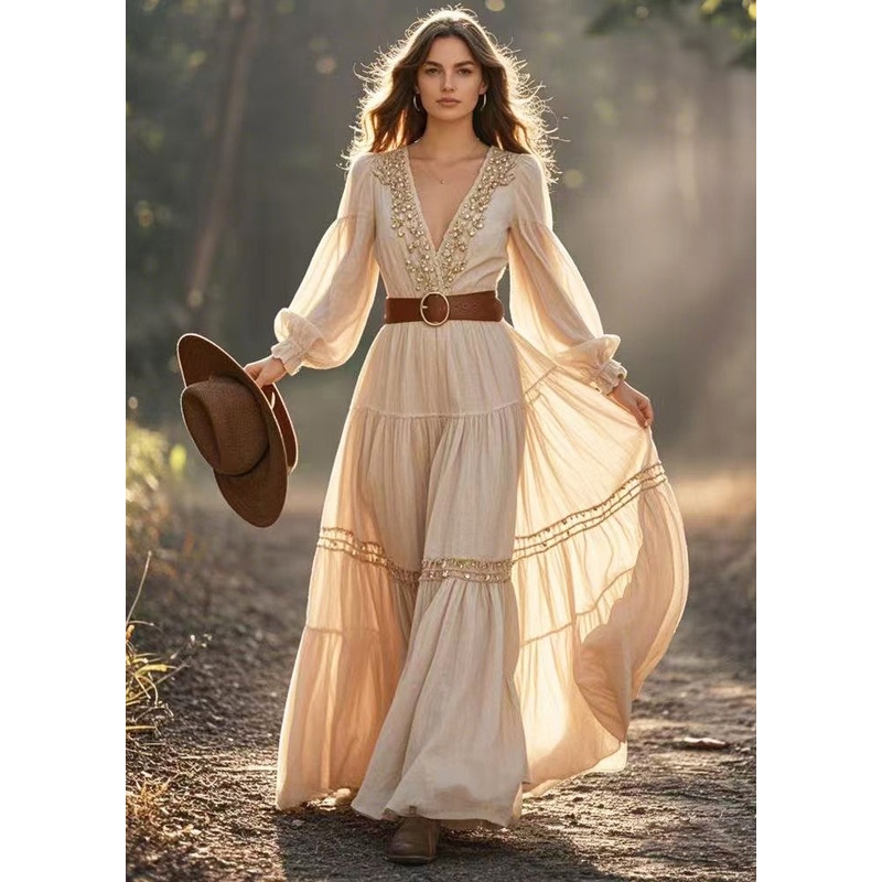 Chic Beige Cinched Fuzzy Ball Decorated Exra Large Hem Dresses Spring