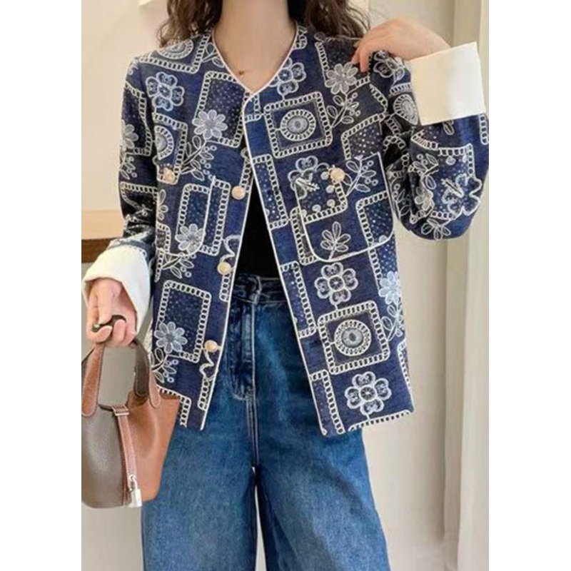 Chic Blue Embroidered Sequins Denim Coats Spring