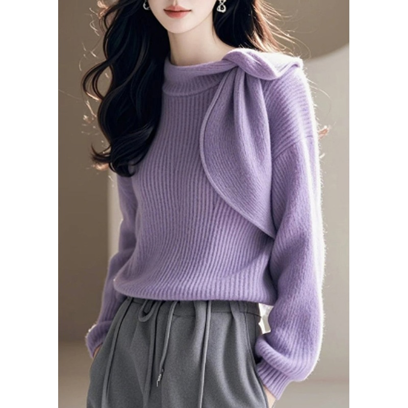 Chic Purple O Neck Bow Knitted Sweaters Spring