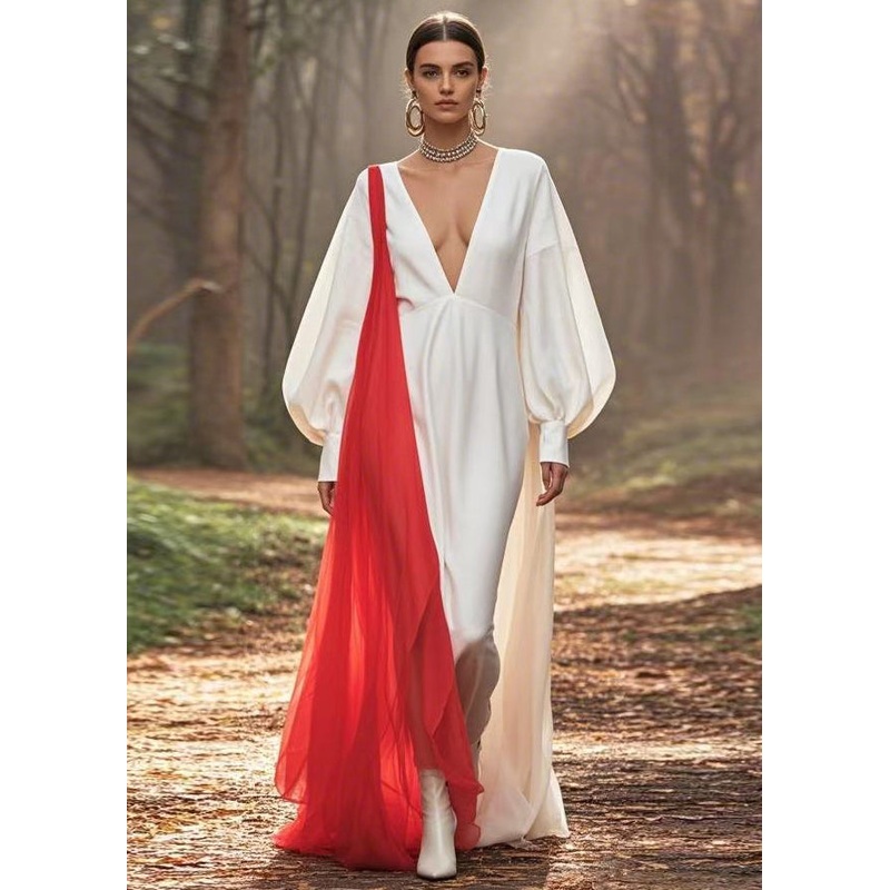 Chic White V Neck Patchwork Silk Dress Lantern Sleeve