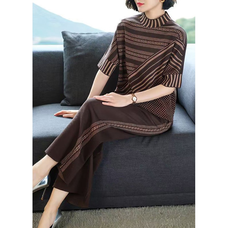 Classy Coffee O Neck Striped Ice Silk Knit Two Pieces Set Spring
